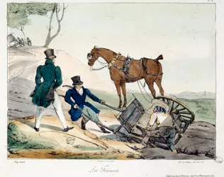 Nehoda vozíku způsobená železnicí. Ilustrace knihy „La vie de chateau“. Rytina Eugene Louis Lami (1800-1890)