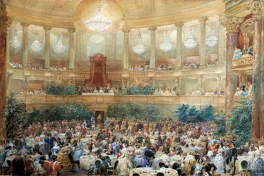 Večeře nabízená Napoleonem III královně Viktorii v sále Opery de Versailles 25. srpna