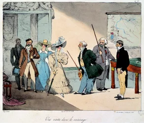 Život na zámku: návštěva okolí. Litografie kresby Eugene Louis Lami (1800-1890) 1828 Paříž, Musee Carnavalet