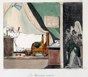 Noční zábava. Děti se bojí vyděsit člověka, který si čte v posteli. Ilustrace knihy „La vie de chateau“. Rytina Eugene Louis Lami (1800-1890)