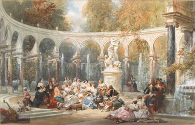 Společnost na Bosquet de la Colonnade v zahradě Versailles.