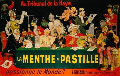 Reklamní plakát „La Menthe-Pastille“ odkazující na První Haagskou mírovou konferenci z roku 1899 (barevně lito)