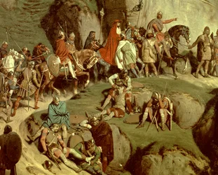 Karel Veliký překračující Alpy v roce 773, detail císaře a jeho družiny (olej na plátně)
