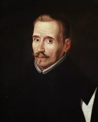 Portrét Felixe Lope de Vega y Carpio (1562-1635), španělského dramatika a básníka. Anonymní obraz školy Eugenia Caxese ze 17. století. Olej na plátně. Detail. Madrid. Nadace Lazara Galdiana