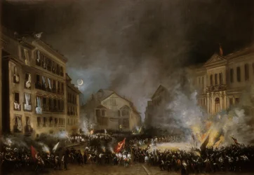 Epizoda revoluce z roku 1854 na Puerta del Sol v Madridu. Obraz Eugenio LUCAS VELAZQUEZ