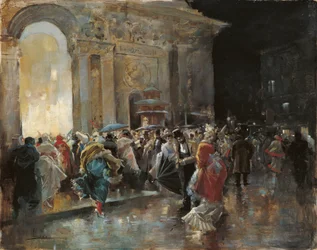 Příjezd do divadla v noci maskovaného plesu - Lucas Villaamil, Eugenio (1858-1919) - c. 1895 - Olej na dřevě - 31x40 - Museo Carmen Thyssen, Malaga