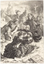 Hamlet a Laertes v hrobě Ofélie akt V, scéna I, 1843.