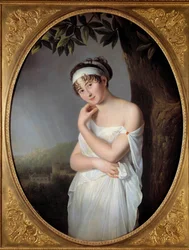 Portrét Madame Juliette Recamier (1777-1849), rozená Jeanne-Francoise Bernard Obraz Eulalie Morin (1765-1837) 1799. Rozměr 1,15x0,87m.