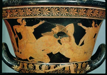 Podkrovní červenofigurový kalich-krater zobrazující Herakla zápasícího s Antaeem, z Cervetri, kolem 510 př. n. l. (keramika) (viz také 92569)