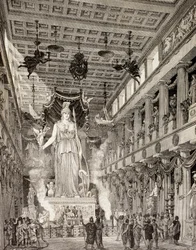 Umělecká představa sochy bohyně Athény v Parthenónu v Athénách během klasického období, z „El Mundo Ilustrado“, vydáno v Barceloně, 1880