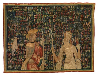 Fragment tapisérie Mille fleurs zobrazující pastýře a pastýře nebo dámu a mládí (vlna a hedvábí)