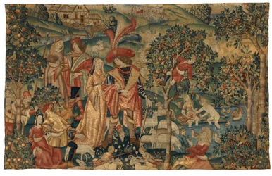Tapiserie zobrazující Pastorační scénu se sběrem ovoce nebo Seigneur v jeho parku nebo Venkovské spojenectví a sběr ovoce, cca 1500 (vlna a hedvábí)