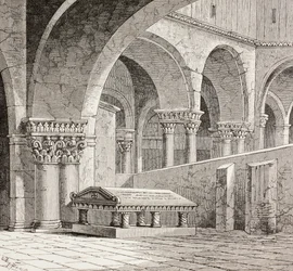 Hrobka Godefroye z Bouillonu v kostele Božího hrobu v Jeruzalémě, kolem roku 1880