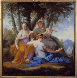 Múzy Clio, Euterpe a Thalie Elles jsou múzami historie, hudby a komedie.