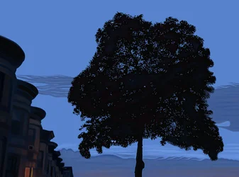 9. ulice a dubový strom za úsvitu, 2025 (digitální umění)