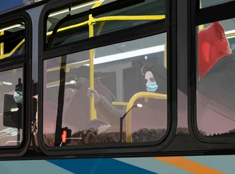 Ranní dojíždění v autobuse, Brooklyn (digitální umění)