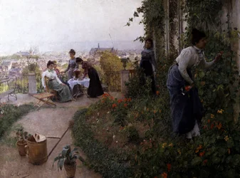 Letní odpoledne, Liege, Belgie. Letní odpoledne v Lutychu. Několik žen na terase popíjí čaj. Jedna z nich trhá květiny. Obraz, jehož autorem je Evariste Carpentier (1845-1922, Belgie) Soukromá sbírka