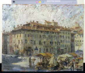 Trh na Piazza Grande v Modeně (březen na Piazza Grande v Modene) (olej na plátně)