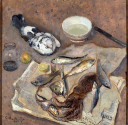 Zátiší Ryby a holuby. Obraz Evasio Montanella (1878-1940) 1937 Sun. 62x64 cm Genes Nervi, Galleria by Arte Moderna, inv. 0433
