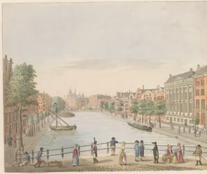 Kloveniersburgwal v Amsterdamu, asi 1810-1813 Vue du Kloveniers Burgwal et de la Maison de Trip, du High Street au Marché Neuf (název na objektu)