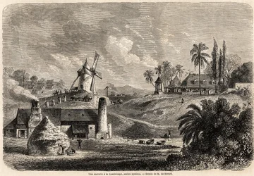 Cukrovar v Guadeloupe, kresba Auguste de Berard (1824-1881), pro ilustraci plaveb do Západní Indie v letech 1858-1859 od Anthonyho Trollope (1815-1882). Rytina v „“ Le tour du monde, nouveau journal des voyages““ Paříž