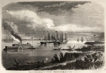 Loď a vlečný člun na Mississippi, kresba Evremond Auguste de Berard (1824-1881), pro ilustraci cesty do New Orleans v roce 1855 od Elysee (Elisee) Reclus (1830-1905). Rytina v „“ Le tour du monde, nouveau journal des voyages““ Paříž