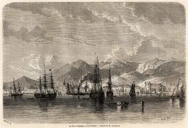 Španělský přístav v Trinidadu (Trinidad a Tobago), kresba Evremond Auguste de Berard (1824-1881), pro ilustraci plaveb do Západní Indie v letech 1858-1859 od Anthonyho Trollope (1815-1882). Rytina v „“ Le tour du monde, nouveau journal des voya