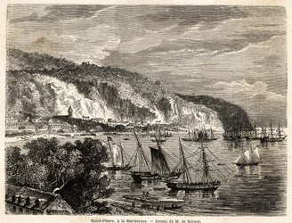 Pohled na Saint Pierre na Martiniku, kresba Augusta de Berarda (1824-1881), pro ilustraci plaveb do Západní Indie v letech 1858-1859 od Anthonyho Trollope (1815-1882). Rytina do „“Celého světa, nový cestovní deník““ Paříž