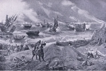 Jakub II. v bitvě u La Hogue, 23. května 1692, ilustrace z britských bitev na souši a na moři, 1915