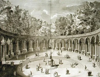 Kolonáda, Versailles, z „Les Plans, Profiles et Elevations des Ville et Chateau de Versailles“, ryl Gerard Jean-Baptiste Scotin (1671-1716), vydáno kolem roku 1715 (rytina)