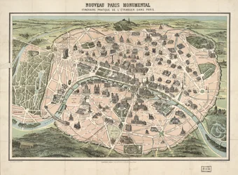 Vybrané budovy vyobrazeny. Pohled z ptačí perspektivy. LC kopie připevněná na hadříku. Dostupné také prostřednictvím webové stránky Library of Congress jako rastrový obrázek