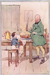 David večeřel s panem MiCawberem ve vězení, ilustrace od Davida Copperfielda, 1914