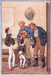 Pan Peggotty vytáhl z kapes dva úžasné humry a obrovského kraba a velký plátěný pytel krevet, ilustrace od Davida Copperfielda, 1914