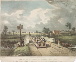 Pohled na Liverpool & Manchester Rail Road v místě, kde překračuje kanál Duke of Bridgewaters, vyrytý A.B. Clayton, 1831
