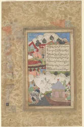 A Drunken Babur Returns to Camp at Night, kolem roku 1589 (neprůhledný akvarel a zlato na papíře)