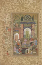 Babur obdrží dvořanskou, oddělenou folii z rozptýlené kopie Baburnama (Tuzuk-i Baburi) od Zahir-al-Din Muhammad Babura, kolem 1580-85 (wc, inkoust a zlato na papíře)