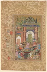 Babur přijímá dvořana, asi 1580-85 (akvarel a zlato na papíře)