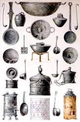 Reprodukce kuchyňského náčiní z Pompejských domů a památek od Fausta a Felice Niccoliniových, svazek IV, příloha, deska XVII.