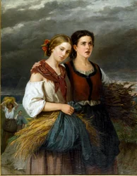 Návrat polí Dva mladí rolníci s pšeničnými klasy v zástěře stojí spolu. Obraz Federica Giuliano Gervasoni (1838-1915) 1863 Sun. 135x105 cm Genes Nervi, Galleria d