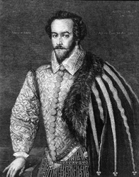 Portrét sira Waltera Raleigha (1554 - 1618), anglického mořeplavce, dvořana a spisovatele. Rytina podle obrazu připisovaného Federico Zuccaro (nebo Zuccari) (1549 - 1609) z roku 1588.