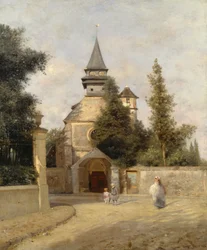Děti před kostelem, Federico Rossano (1835-1912), olej na plátně, 46,5x38 cm