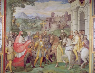 Karel V. (1500-58) s Alessandrem Farnesem (1546-92) ve Wormsu, ze „Sala dei Fasti Farnese“ (Síň slávy Farnese), 1557-66 (viz 95812)
