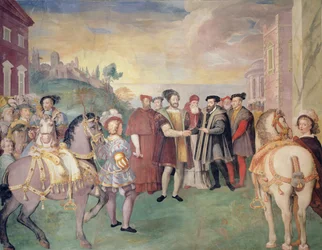 Příměří v Nice mezi Františkem I. a císařem Karlem V. v roce 1538, uprostřed papež Pavel III. Farnese, zvolený v roce 1534