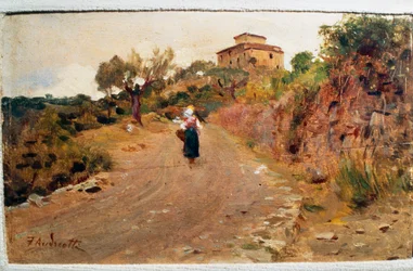 Farmer on the street, cca 1900, Federico Andreotti (1847-1930), olej na desce, 9x15 cm, Itálie