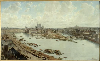Panoramatický pohled na Paříž v roce 1588 ze střech Louvru s rozestavěným mostem Pont-Neuf