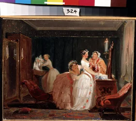 Svatební přípravy. Buržoazní dívka ve svatebních šatech se připravuje na svatební obřad. Dílo Feodora Andrejeviče Bronnikova (1827-1902). Olej na papíře, 26 x 33 cm