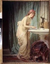 Orientalismus ""Ranní toaleta"" mladá žena pouze v prostěradle se osvěžuje u fontány. Obraz Feodora Andrejeviče Bronnikova (1827-1902) Státní muzeum umění Dagestánské republiky, Machačkala, Rusko