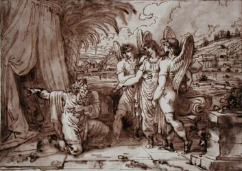 Abraham a andělé (pero a hnědý inkoust, hnědá pero přes tužku na papíře)