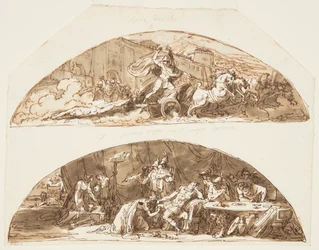 Achilles táhne Hectorovo tělo kolem zdí Tróje, Priam prosí o Hectorovo tělo, Návrhy stropů pro Galleria di Achille, Palazzo Milzetti, Faenza, Itálie