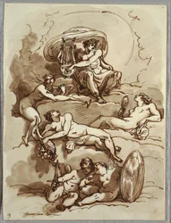 Apollo s lyrou, sláva, hojnost, krása a dva putti na oblacích, studie podle Marcantonia Franceschiniho